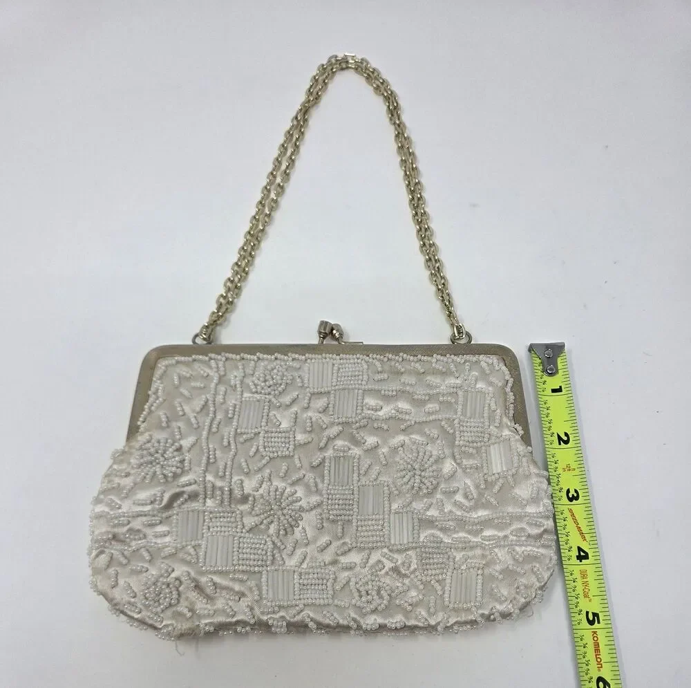 Vintage La Regale Beaded Evening Purse‎ Ivory Satin Kiss Lock Hong Kong Wedding